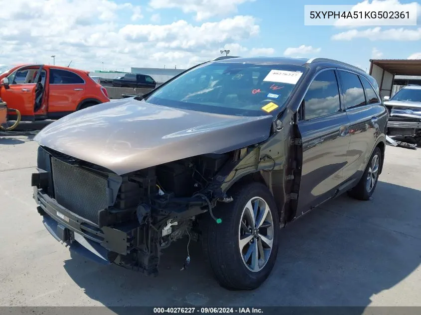 2019 Kia Sorento 3.3L Ex VIN: 5XYPH4A51KG502361 Lot: 40276227