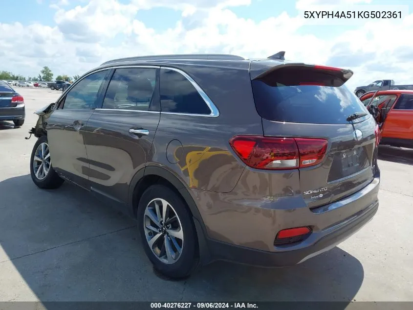 2019 Kia Sorento 3.3L Ex VIN: 5XYPH4A51KG502361 Lot: 40276227