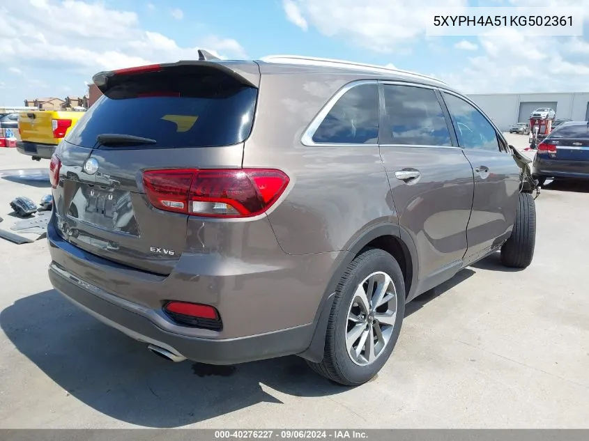 2019 Kia Sorento 3.3L Ex VIN: 5XYPH4A51KG502361 Lot: 40276227