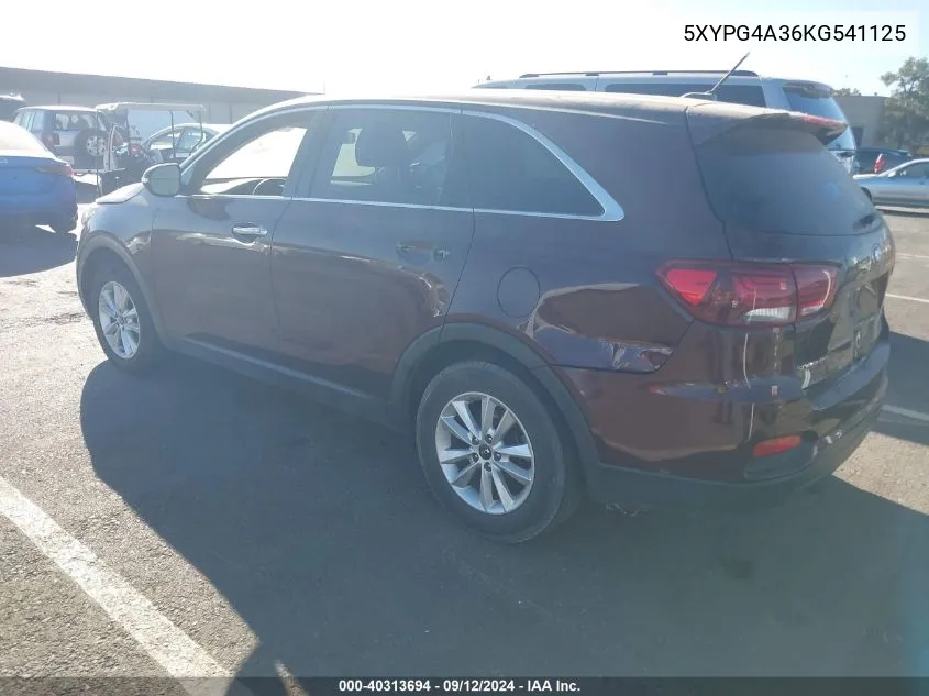 2019 Kia Sorento 2.4L Lx VIN: 5XYPG4A36KG541125 Lot: 40313694