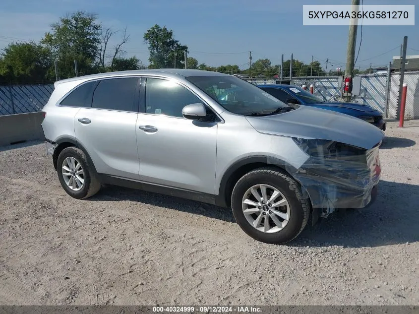 2019 Kia Sorento 2.4L L VIN: 5XYPG4A36KG581270 Lot: 40324999