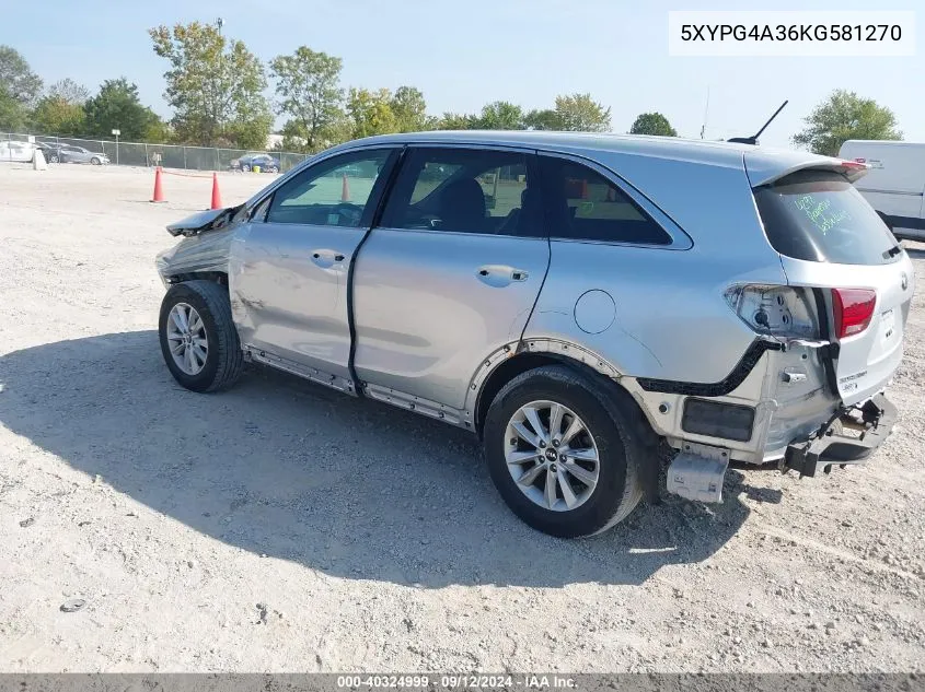 2019 Kia Sorento 2.4L L VIN: 5XYPG4A36KG581270 Lot: 40324999