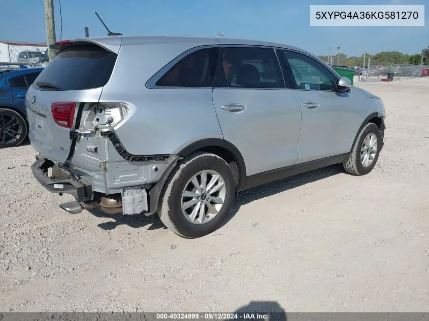 2019 Kia Sorento 2.4L L VIN: 5XYPG4A36KG581270 Lot: 40324999