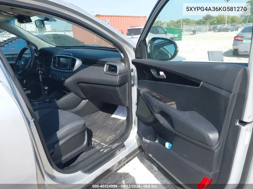 2019 Kia Sorento 2.4L L VIN: 5XYPG4A36KG581270 Lot: 40324999