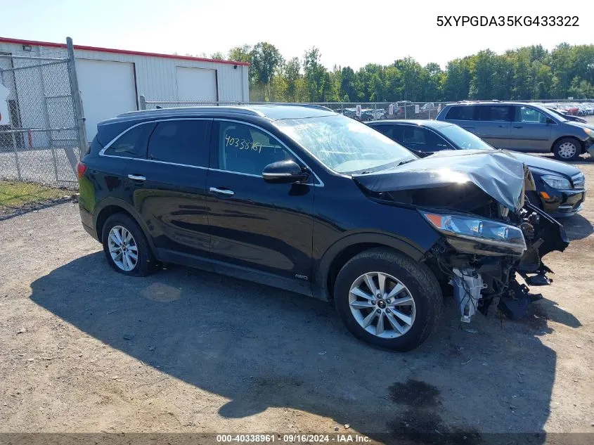 2019 Kia Sorento 2.4L Lx VIN: 5XYPGDA35KG433322 Lot: 40338961