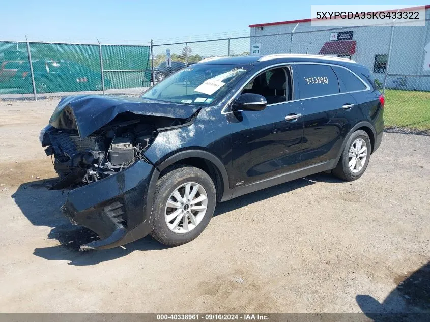 5XYPGDA35KG433322 2019 Kia Sorento 2.4L Lx