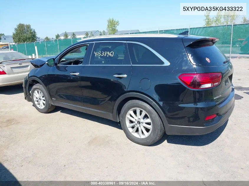 5XYPGDA35KG433322 2019 Kia Sorento 2.4L Lx