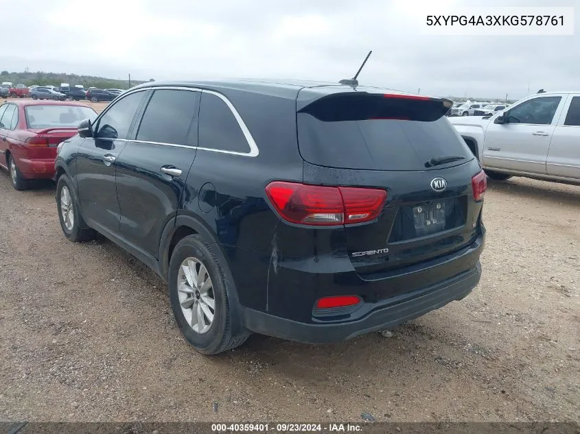 2019 Kia Sorento L/Lx VIN: 5XYPG4A3XKG578761 Lot: 40359401