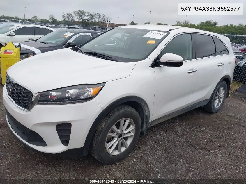 2019 Kia Sorento 2.4L Lx VIN: 5XYPG4A33KG562577 Lot: 40412549