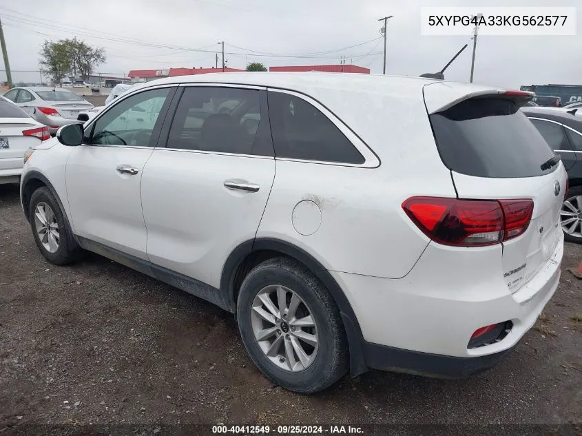 2019 Kia Sorento 2.4L Lx VIN: 5XYPG4A33KG562577 Lot: 40412549