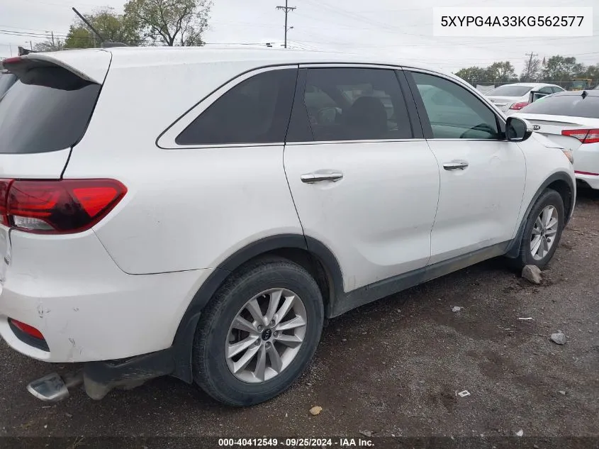 2019 Kia Sorento 2.4L Lx VIN: 5XYPG4A33KG562577 Lot: 40412549