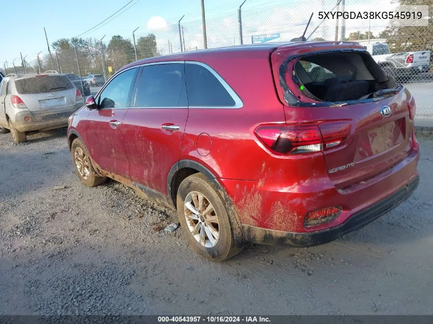 2019 Kia Sorento 2.4L Lx VIN: 5XYPGDA38KG545919 Lot: 40543957