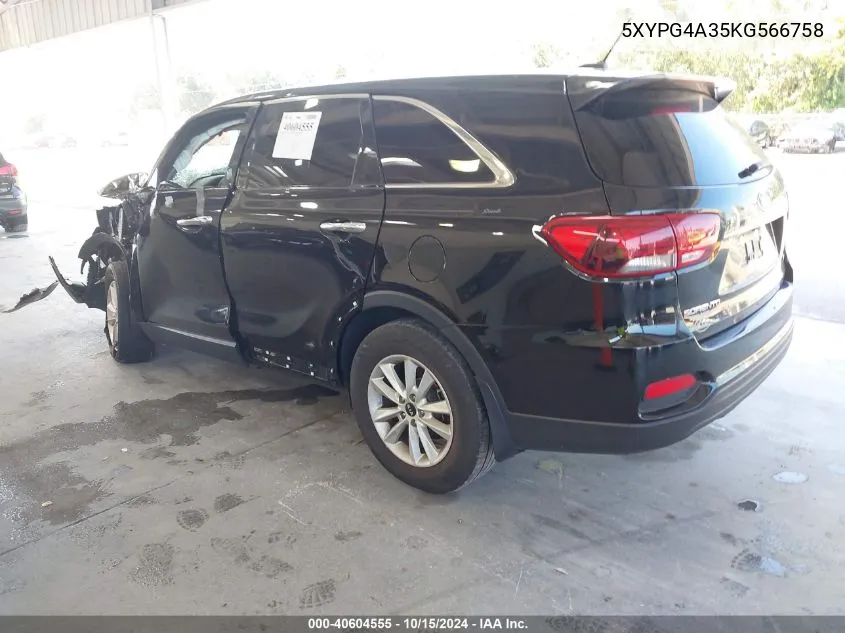 2019 Kia Sorento 2.4L Lx VIN: 5XYPG4A35KG566758 Lot: 40604555