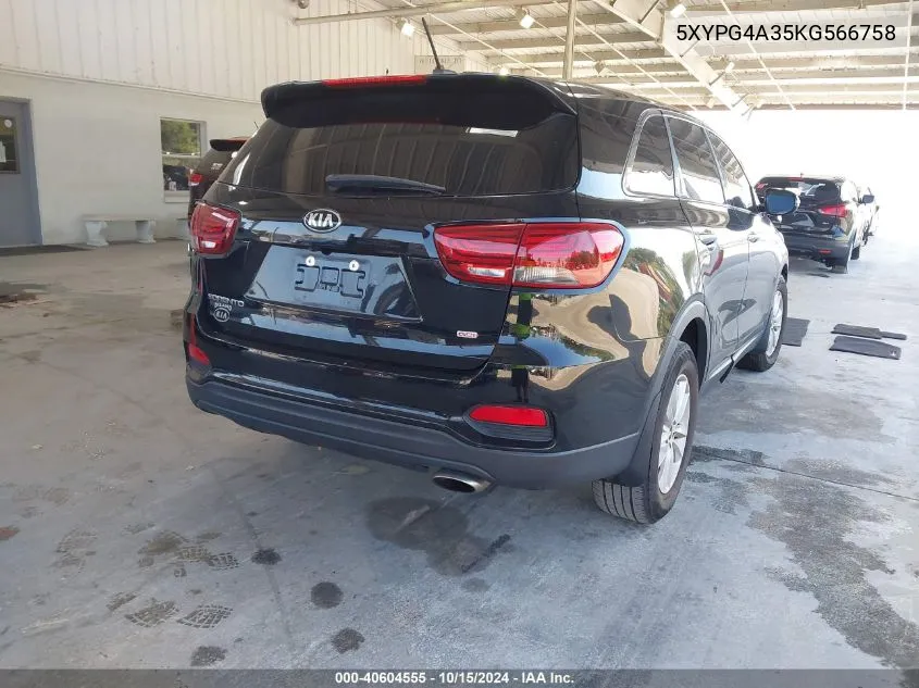 2019 Kia Sorento 2.4L Lx VIN: 5XYPG4A35KG566758 Lot: 40604555