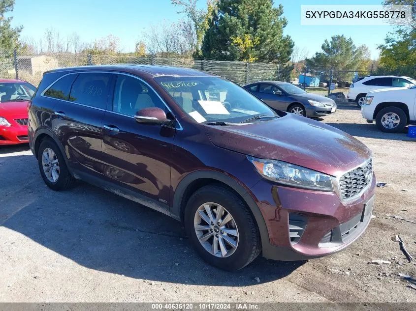 2019 Kia Sorento 2.4L Lx VIN: 5XYPGDA34KG558778 Lot: 40635120