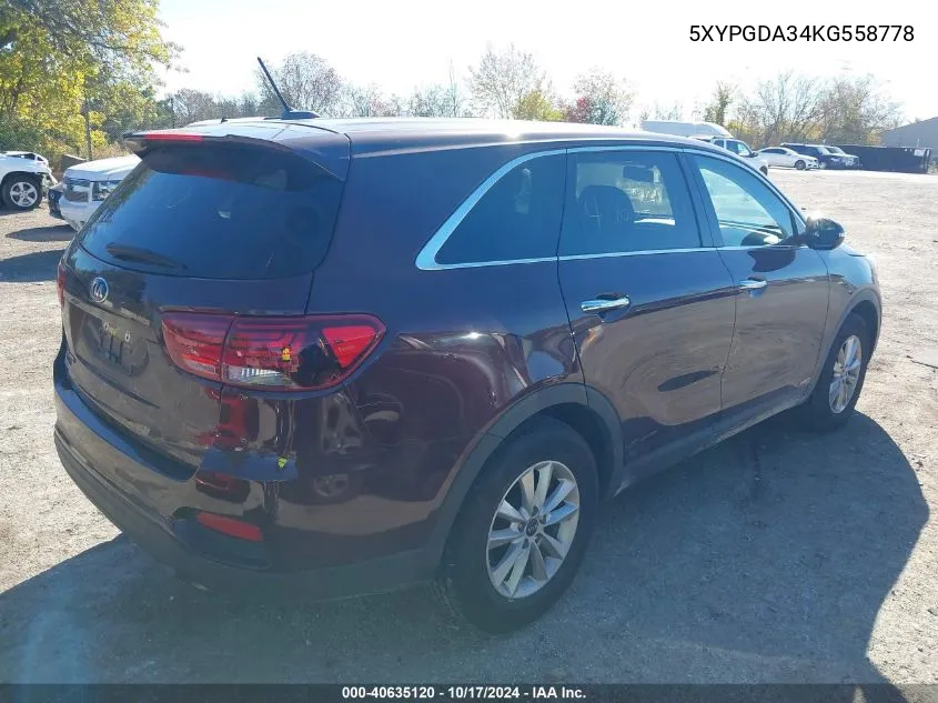 2019 Kia Sorento 2.4L Lx VIN: 5XYPGDA34KG558778 Lot: 40635120