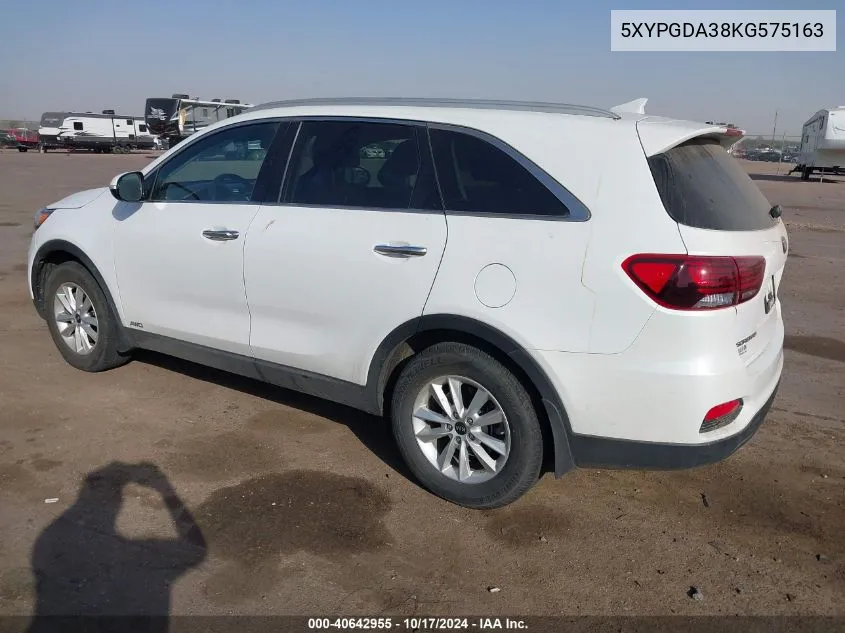 2019 Kia Sorento 2.4L Lx VIN: 5XYPGDA38KG575163 Lot: 40642955