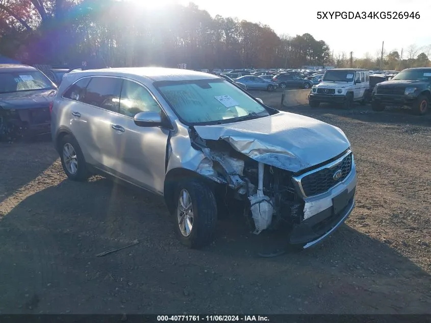 2019 Kia Sorento 2.4L Lx VIN: 5XYPGDA34KG526946 Lot: 40771761