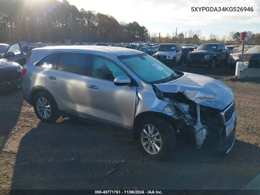 2019 Kia Sorento 2.4L Lx VIN: 5XYPGDA34KG526946 Lot: 40771761