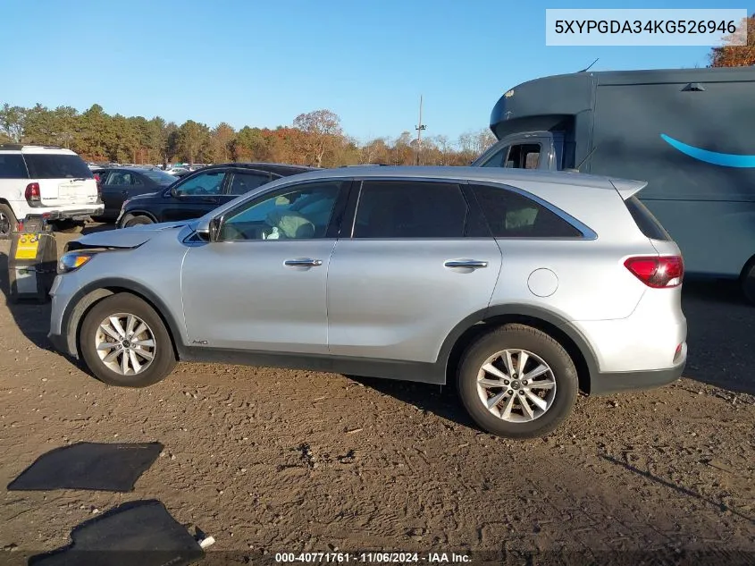 2019 Kia Sorento 2.4L Lx VIN: 5XYPGDA34KG526946 Lot: 40771761