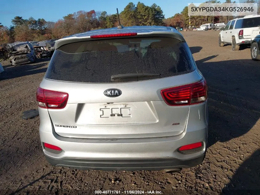 2019 Kia Sorento 2.4L Lx VIN: 5XYPGDA34KG526946 Lot: 40771761