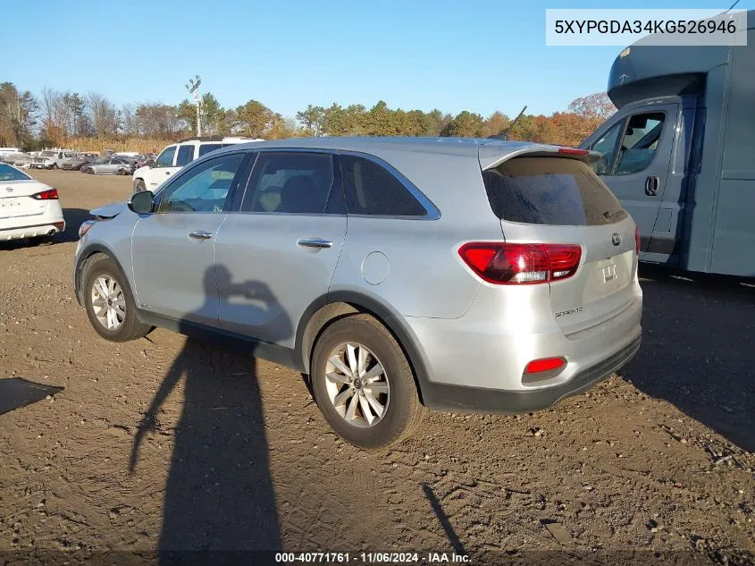 2019 Kia Sorento 2.4L Lx VIN: 5XYPGDA34KG526946 Lot: 40771761