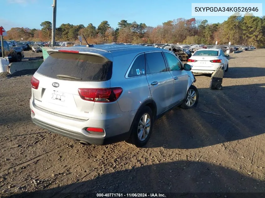 2019 Kia Sorento 2.4L Lx VIN: 5XYPGDA34KG526946 Lot: 40771761