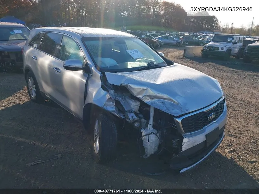 2019 Kia Sorento 2.4L Lx VIN: 5XYPGDA34KG526946 Lot: 40771761