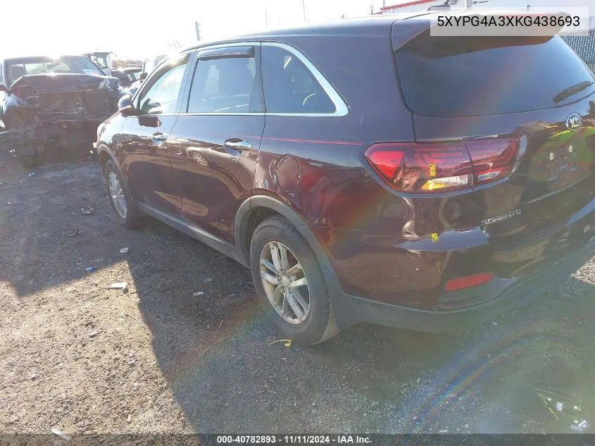 2019 Kia Sorento 2.4L Lx VIN: 5XYPG4A3XKG438693 Lot: 40782893