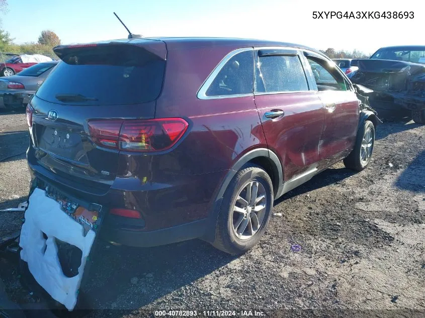 2019 Kia Sorento 2.4L Lx VIN: 5XYPG4A3XKG438693 Lot: 40782893