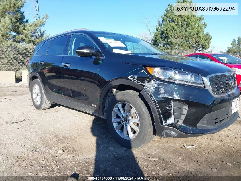 2019 Kia Sorento 2.4L Lx VIN: 5XYPGDA39KG592294 Lot: 40794056