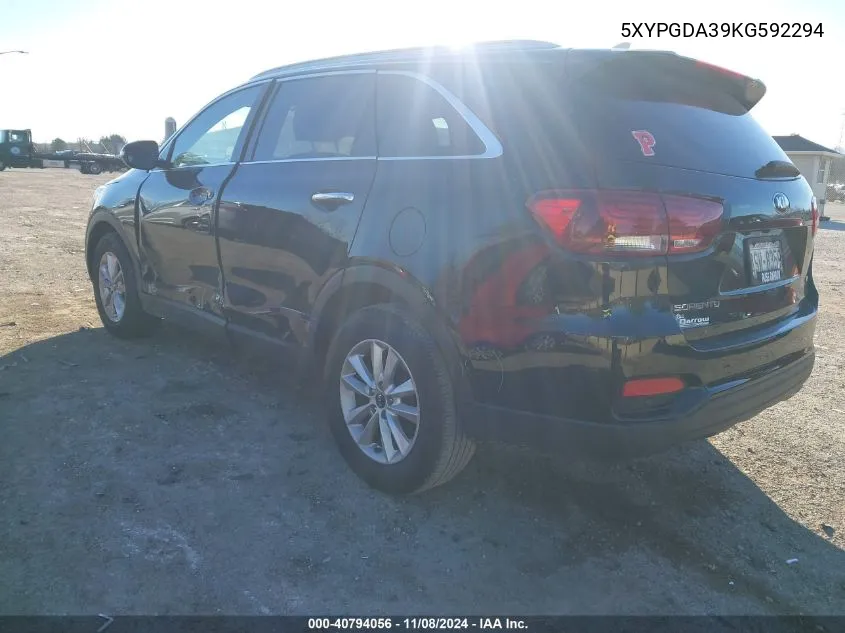 2019 Kia Sorento 2.4L Lx VIN: 5XYPGDA39KG592294 Lot: 40794056