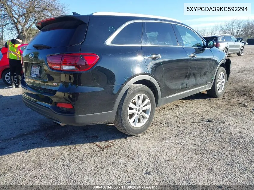 2019 Kia Sorento 2.4L Lx VIN: 5XYPGDA39KG592294 Lot: 40794056