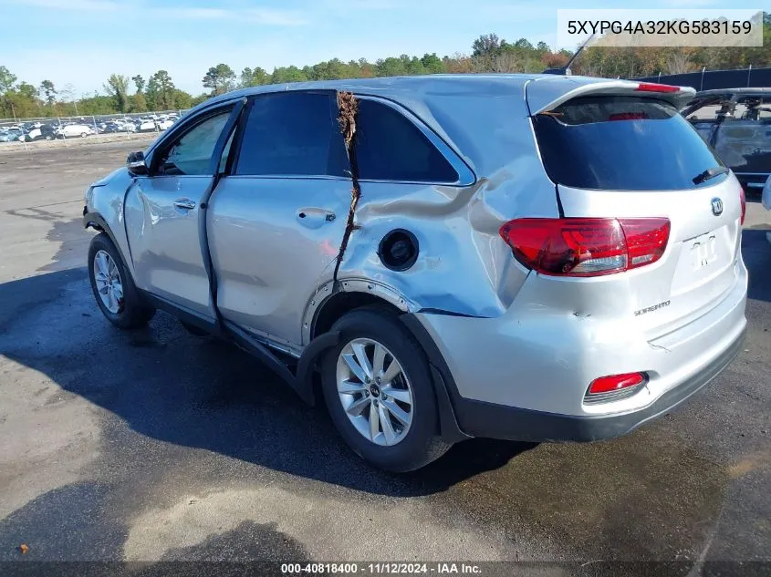 2019 Kia Sorento 2.4L L VIN: 5XYPG4A32KG583159 Lot: 40818400