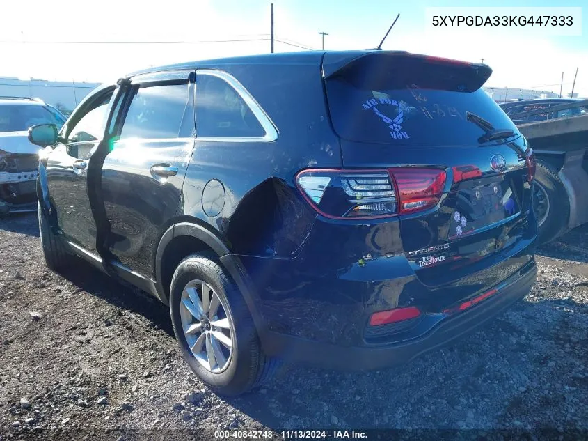 2019 Kia Sorento 2.4L Lx VIN: 5XYPGDA33KG447333 Lot: 40842748