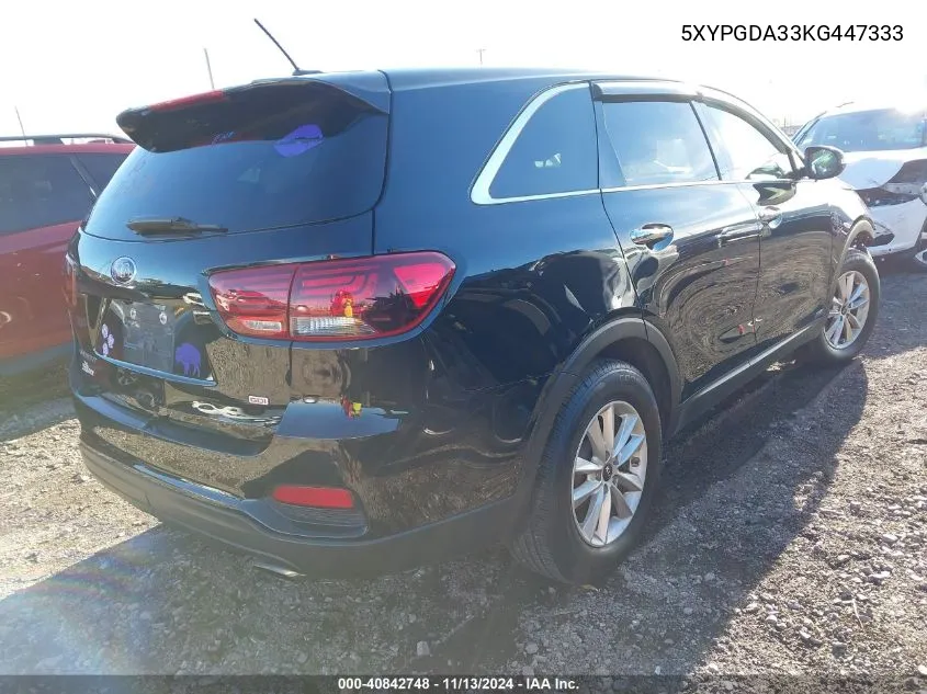 2019 Kia Sorento 2.4L Lx VIN: 5XYPGDA33KG447333 Lot: 40842748