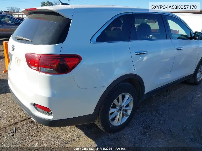 2019 Kia Sorento 3.3L Lx VIN: 5XYPG4A53KG57178 Lot: 40853383