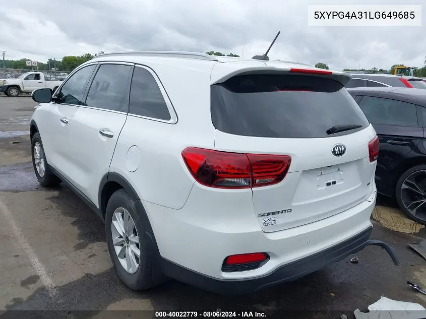 2020 Kia Sorento 2.4L Lx VIN: 5XYPG4A31LG649685 Lot: 40022779