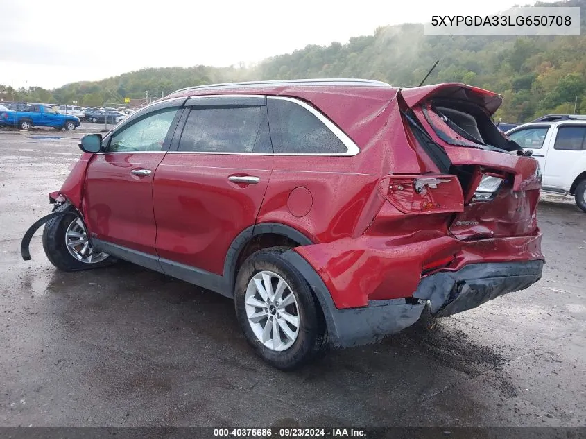 2020 Kia Sorento L/Lx VIN: 5XYPGDA33LG650708 Lot: 40375686