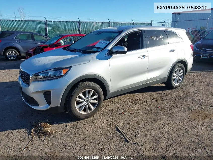 2020 Kia Sorento 2.4L Lx VIN: 5XYPG4A35LG643310 Lot: 40815255