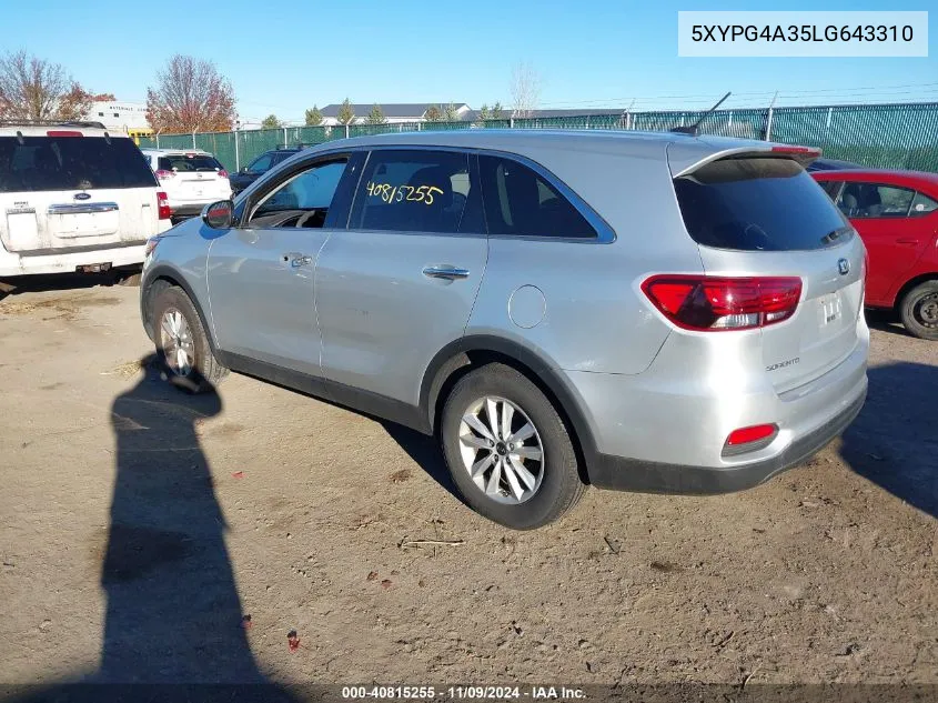 2020 Kia Sorento 2.4L Lx VIN: 5XYPG4A35LG643310 Lot: 40815255