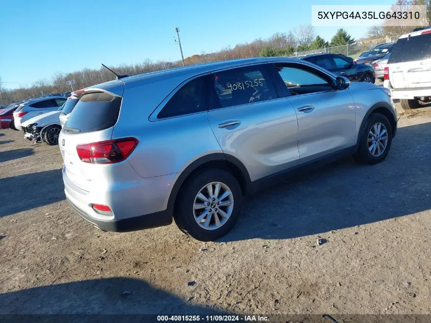 2020 Kia Sorento 2.4L Lx VIN: 5XYPG4A35LG643310 Lot: 40815255