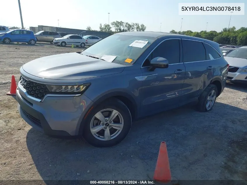 2022 Kia Sorento Lx VIN: 5XYRG4LC3NG078418 Lot: 40058216