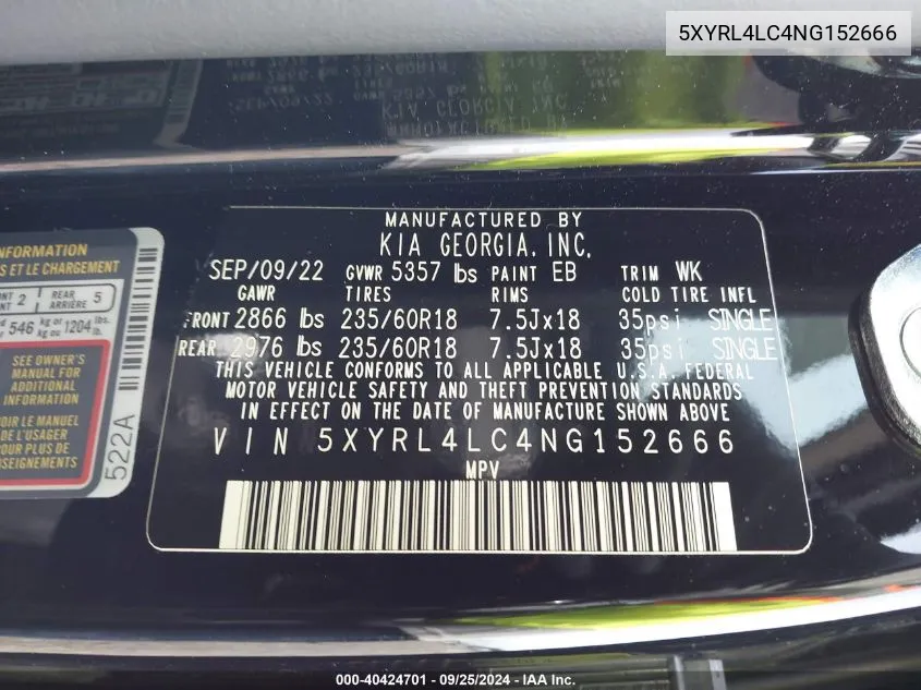 5XYRL4LC4NG152666 2022 Kia Sorento S