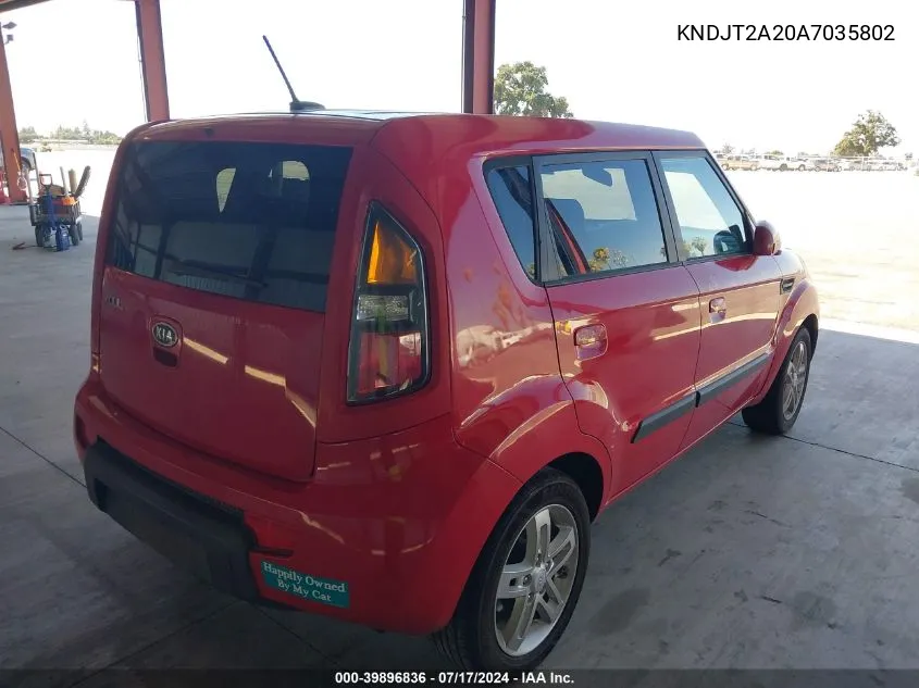 2010 Kia Soul + VIN: KNDJT2A20A7035802 Lot: 39896836