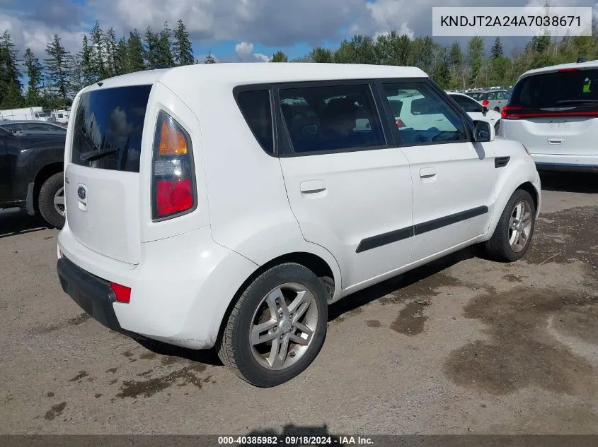 2010 Kia Soul + VIN: KNDJT2A24A7038671 Lot: 40385982