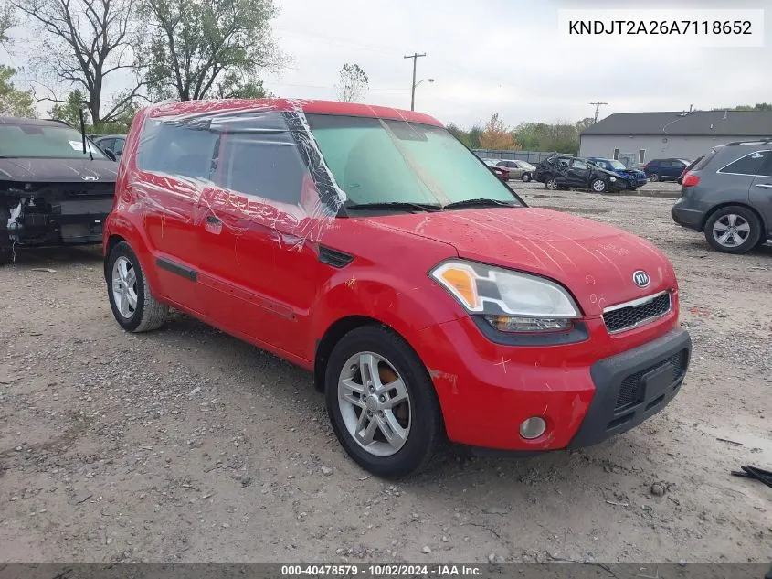 2010 Kia Soul + VIN: KNDJT2A26A7118652 Lot: 40478579