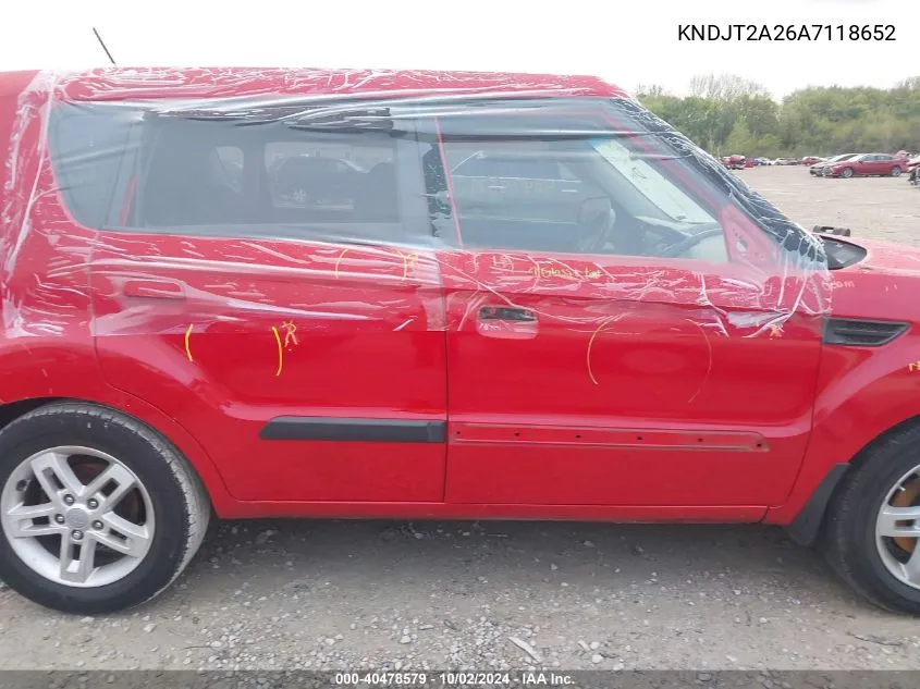 2010 Kia Soul + VIN: KNDJT2A26A7118652 Lot: 40478579