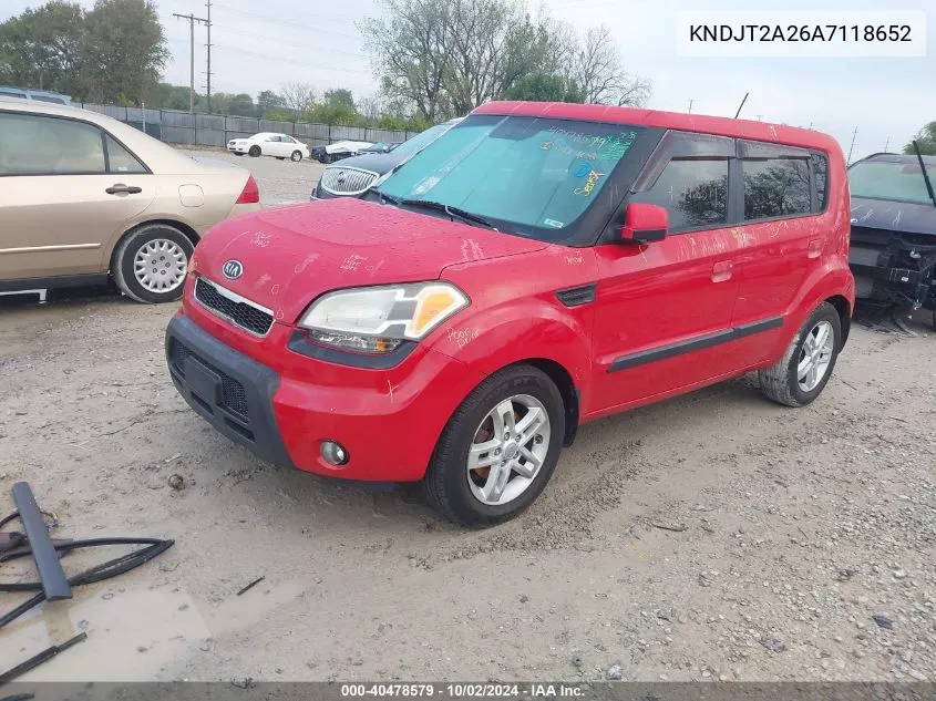 2010 Kia Soul + VIN: KNDJT2A26A7118652 Lot: 40478579