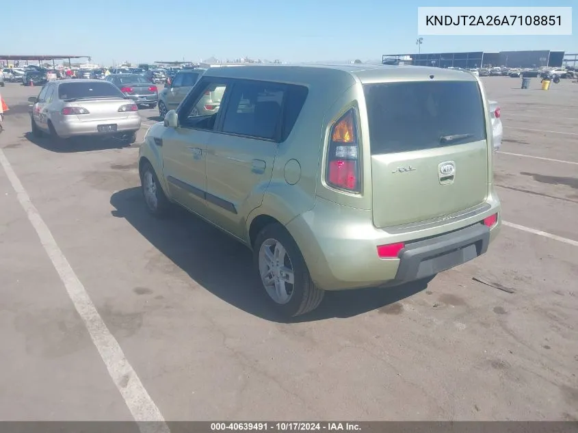 2010 Kia Soul + VIN: KNDJT2A26A7108851 Lot: 40639491